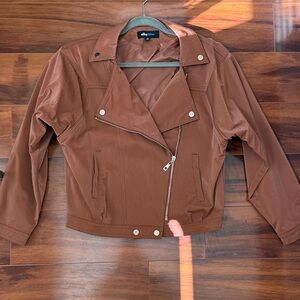 Alice Blue Cognac Brown Moto-Style Faux Leather Jacket